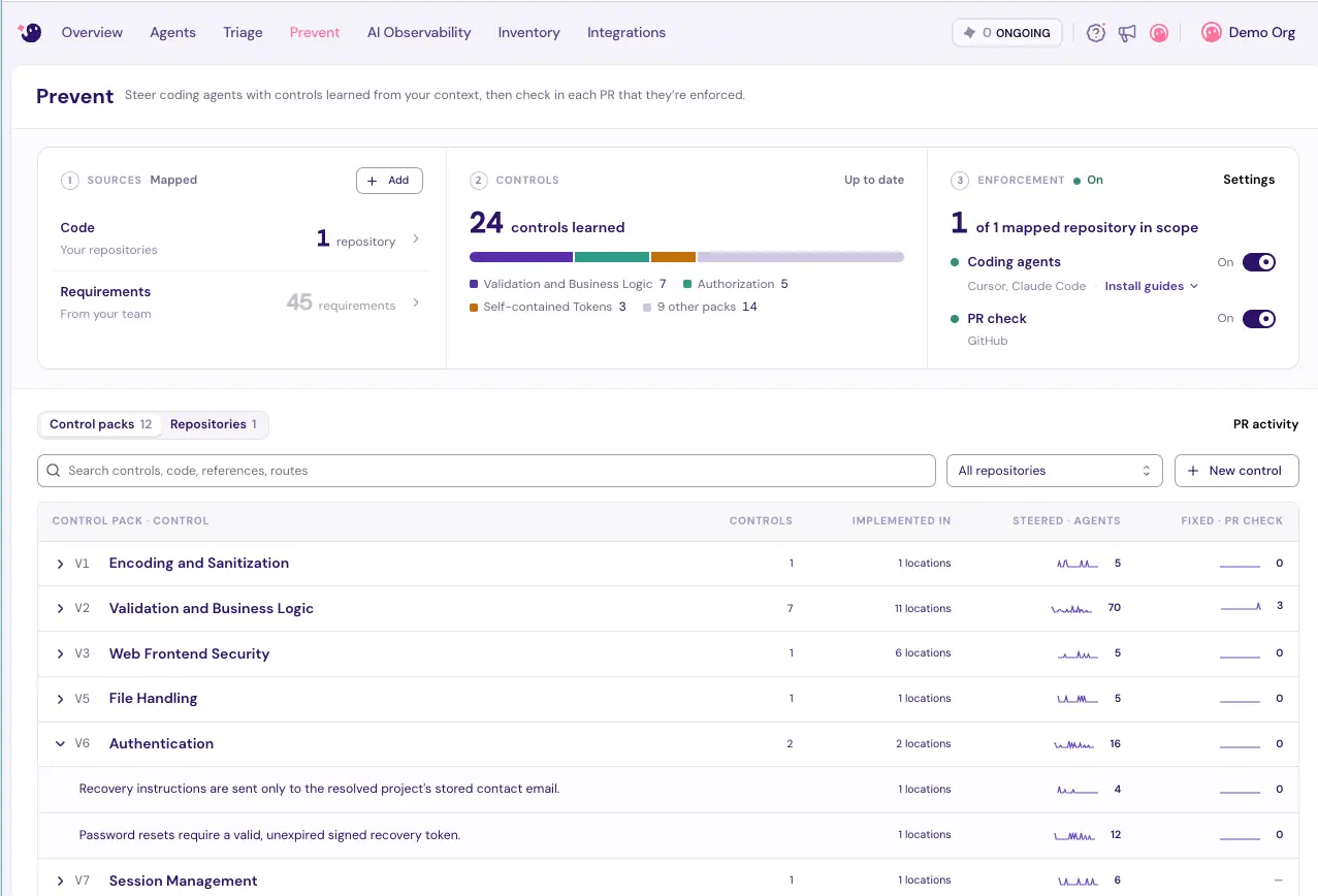 The Guardrails dashboard. A mapped repository has 24 Controls learned, grouped into control packs such as Validation and Business Logic and Authorization. Steering for coding agents and the PR check are both switched on, and each control pack shows where it is implemented, how often it steered agents, and how many issues the PR check caught and got fixed.