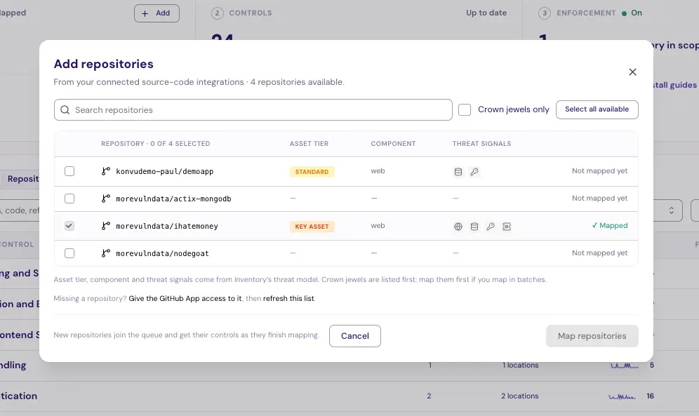 Choosing repositories to map from the connected GitHub integration. Each repository shows its asset tier and threat signals, key assets are listed first, and ihatemoney is already mapped.