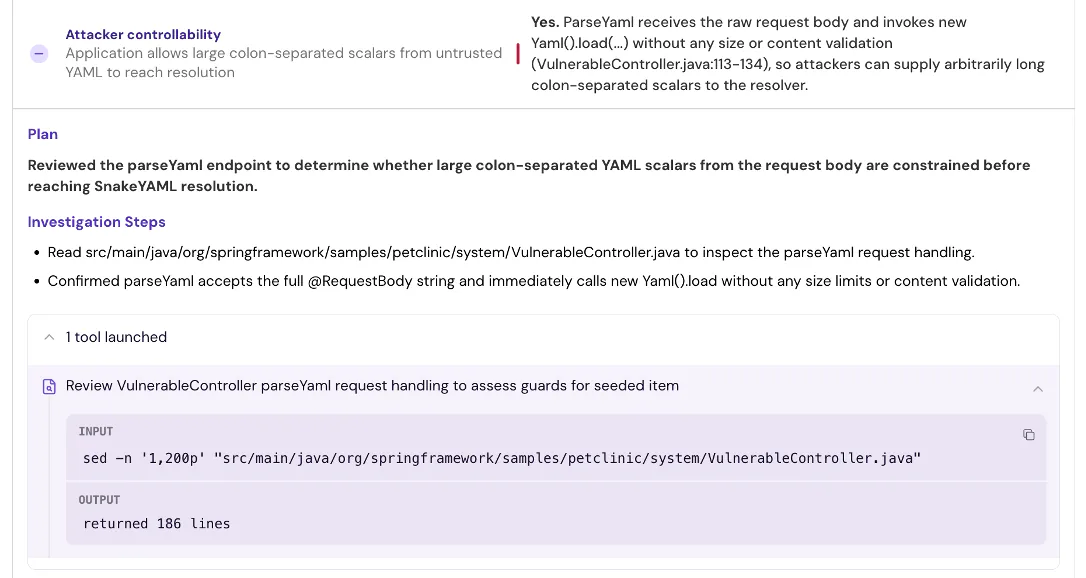 Screenshot of a plan that checks attacker control of SnakeYAML's parseYaml, reads VulnerableController.java, and cites exact lines.