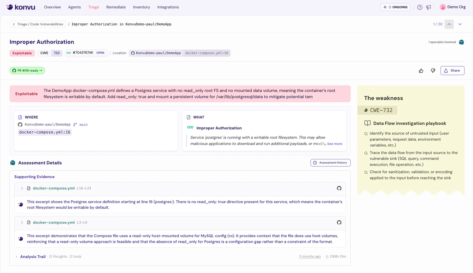 A code finding assessed and marked exploitable, with its reasoning