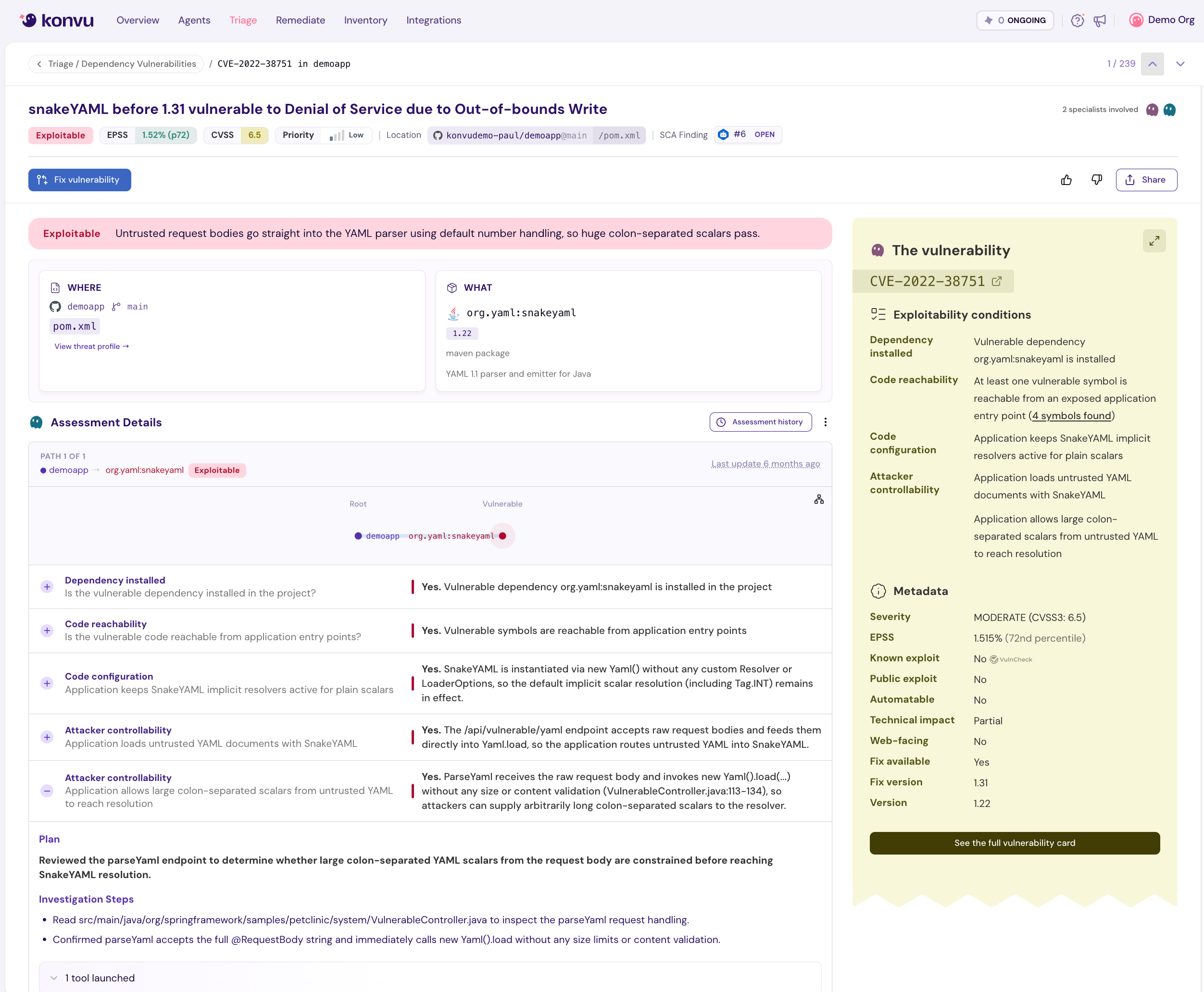 Exploitability assessment detail view