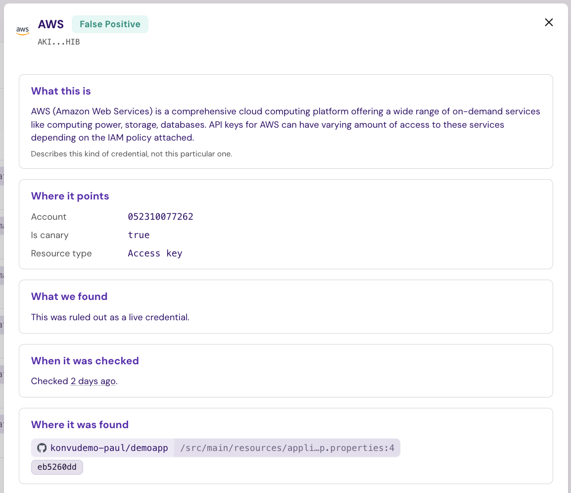 An AWS key assessed, with the account it points to and the live-credential verdict